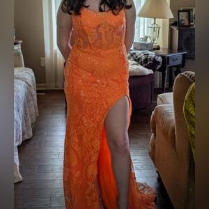 Elegant Orange Lace Evening Gown